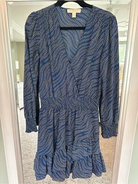 Michael Kors Blue Patterned Long Sleeve Wrap Dress